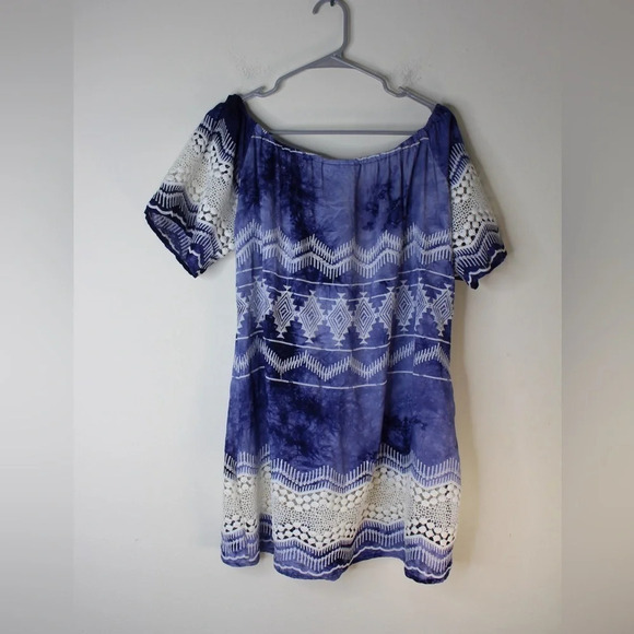 La Blanca Designer Tie-Dye Lace-Trim Off-the-Shoulder Mini Dress - Blue, Small - Picture 4 of 7